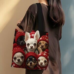 Chihuahua Tote Bag with Red Knit Hats Design Foldable Reusable Shoulder Bag New